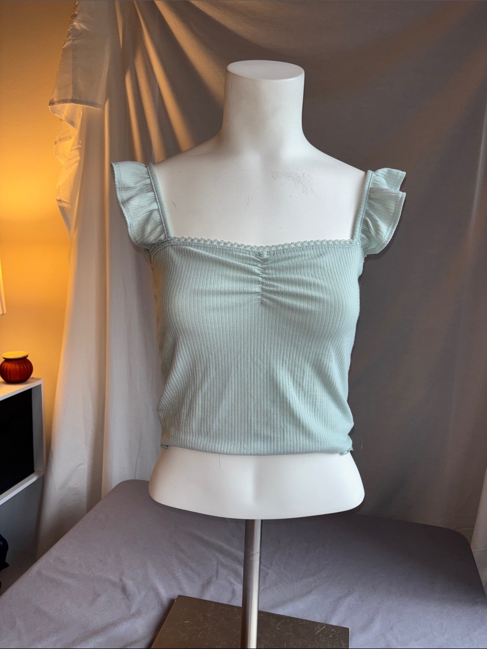 Caution To The Wind Ruffled Strap Ribbed Tank Top - Light Mint
